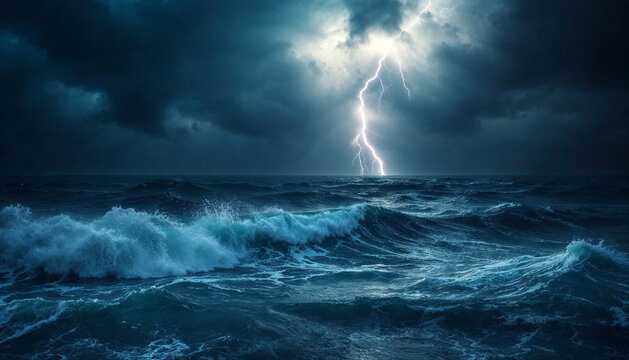 Stormy ocean waves with lightning in the sky