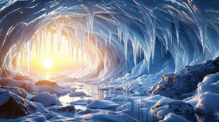 Obraz premium Glacial Cave Sunrise: Sunbeams illuminate a breathtaking ice cave, with glistening icicles and a tranquil pool reflecting the warm light. A magical winter wonderland scene. 