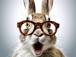 A crazy hare with glasses and an open mouth, offering a humorous and playful vibe in a creative illustration.