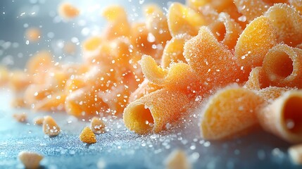 Hyper-detailed 8K orange zest curls scattered on a smooth blue surface