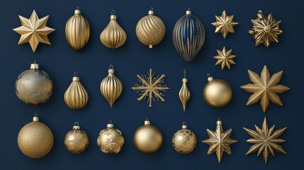 Fototapeta premium A collection of gold Christmas ornaments displayed against a deep blue background, featuring a decorative snowflake and stars. Perfect for festive, elegant holiday themes