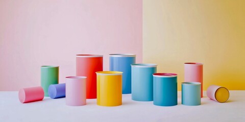 Colorful geometric shapes create a playful atmosphere. Various cylindrical forms are arranged on a white surface. A blend of pastel colors complements the background. AI