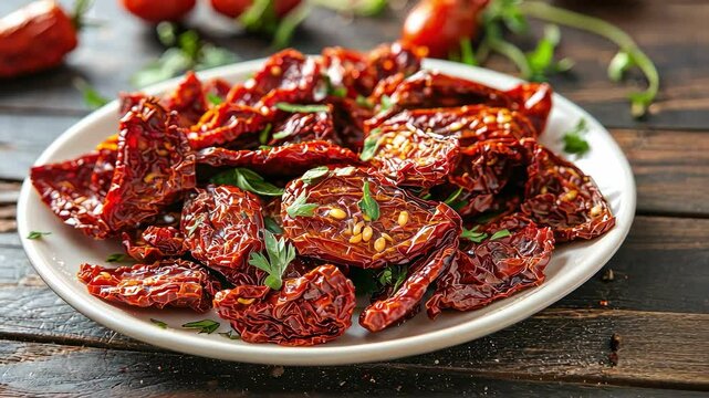 sun-dried tomatoes in a white plate. Selective focus