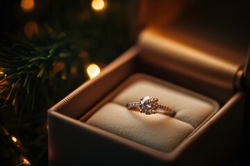 Obraz premium Stunning Close-Up of an Elegant Diamond Engagement Ring in a Luxurious Box Surrounded by Soft Lights and a Festive Atmosphere for Romantic Occasions