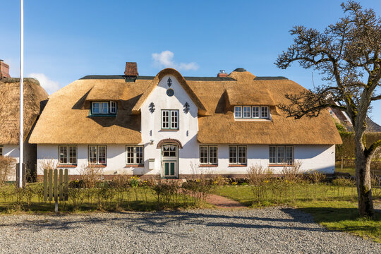 Traditional frisian thatched roof house at Nebel,  Amrum
