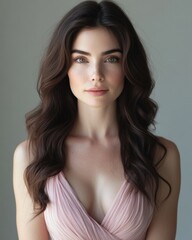 Naklejka premium A beautiful brunette woman with radiant wavy hair and soft, flawless makeup, dressed in a pink dress, captured in 4K with a neutral grey background, highlighting her beauty and elegance