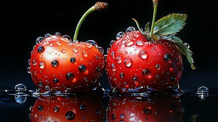 Hyper-realistic cherries with water droplets on a dark reflective background