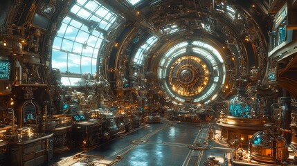 Obraz premium Steampunk Metropolis: An intricate, futuristic cityscape unfolds, with towering gears, glowing orbs, and a vast, intricate clockwork mechanism at its center.