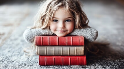 Adorable smiling girl leaning on stack of colorful books in cozy setting