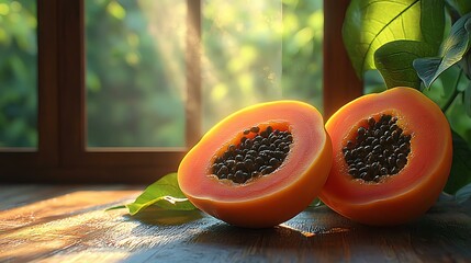 Hyper-realistic papaya showing the black seeds and bright orange flesh under natural light