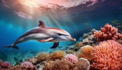 Fototapeta premium Vibrant Dolphin Swimming in a Colorful Coral Reef Paradise