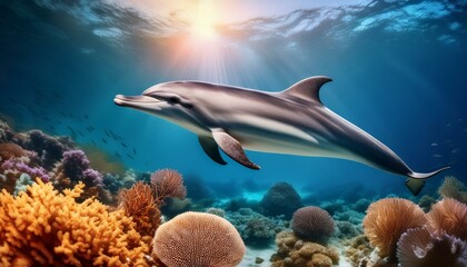 Naklejka premium Vibrant Dolphin Swimming in a Colorful Coral Reef Paradise