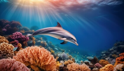 Fototapeta premium Vibrant Dolphin Swimming in a Colorful Coral Reef Paradise
