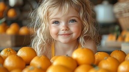 Best-quality 8K child peeling oranges with a bright smile in a cozy kitchen setting