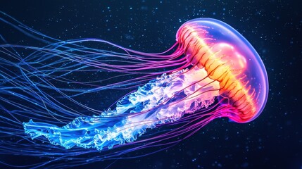 Fototapeta premium Neon pink, purple, and blue jellyfish with colorful tentacles in a starry background