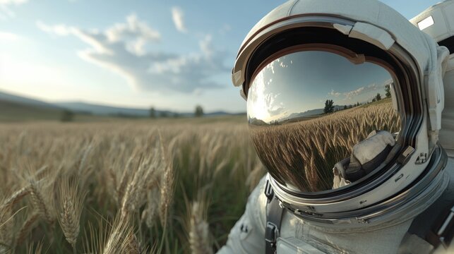 An astronaut stands in a golden wheat field, gazing at the expansive sky. The reflection in the visor shows the tranquil environment around them, creating a surreal scene