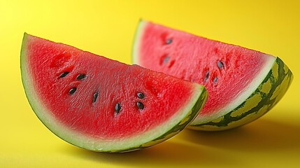 Ultra-realistic 8K sliced watermelon with sharp details and contrasting green rinds on a bright yellow background