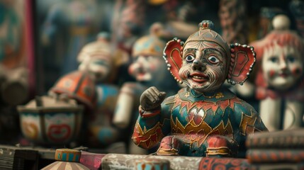 Fototapeta premium Colorful traditional figurines displayed on a wooden table