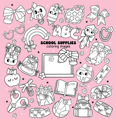 Groovy Back to School Coloring Images Clipart Cute Coquette School Supplies with Bow Doodle Hand Drawn set