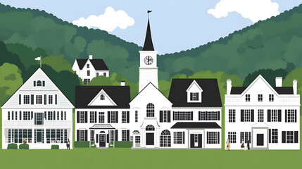 Village Illustration Green Hills White Houses