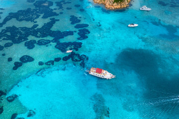 Drone view of a motor boat. Luxury transportation. Vacationing people. Vacation and holidays....