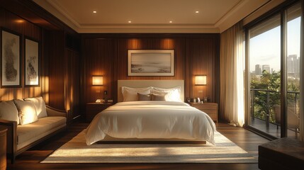 Fototapeta premium Luxurious bedroom interior sunlight morning view.