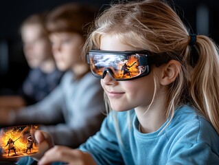 Obraz premium Children classroom futuristic learning concept. A girl wearing VR glasses enjoys gaming on her smartphone while others engage nearby, showcasing immersive technology in a classroom setting.