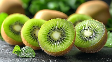Ultra-sharp kiwi cut in half revealing the vibrant green flesh on a black matte background