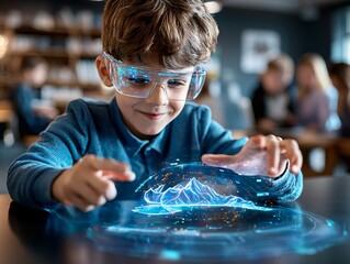 Children classroom futuristic learning concept. A child interacts with a holographic display, showcasing fascination and curiosity in a modern learning environment.