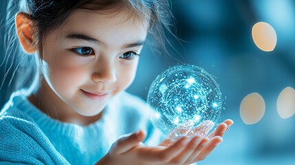 Naklejka premium Children classroom futuristic learning concept. A young girl gazes at a glowing, magical sphere in her hands, exuding wonder and curiosity in a softly lit environment.