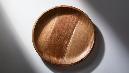 close-up of a round wooden plate on a plain white background with natural wood texture for food and product display  
