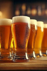 Row of Fresh, Cold Draft Beer Glasses Lined Up on a Bar Counter with a Blurred Background