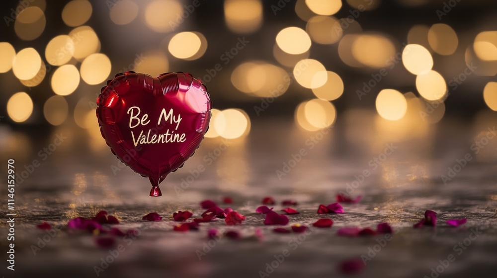 Aufkleber a heart-shaped balloon with the message be my valentine floats above scattered rose petals on a text