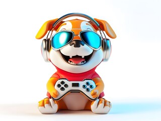 Naklejka premium Cool dog wearing sleek headphones and holding a gaming controller