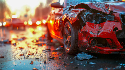 The badly damaged front of a red car after a traffic accident. The car is on a wet road, glass fragments are scattered around. accident.