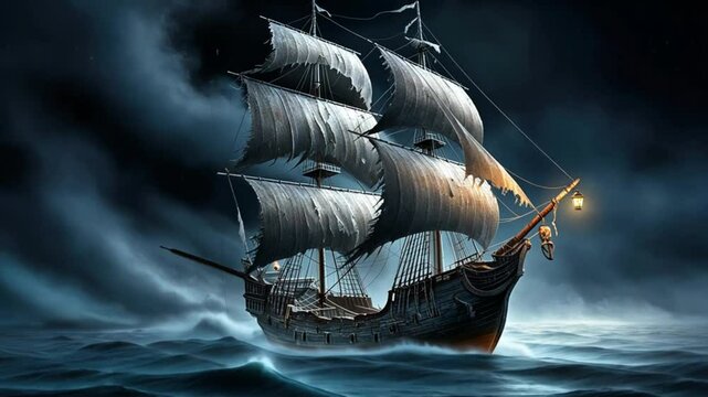 pirate ship in the sea with bad weather and big waves