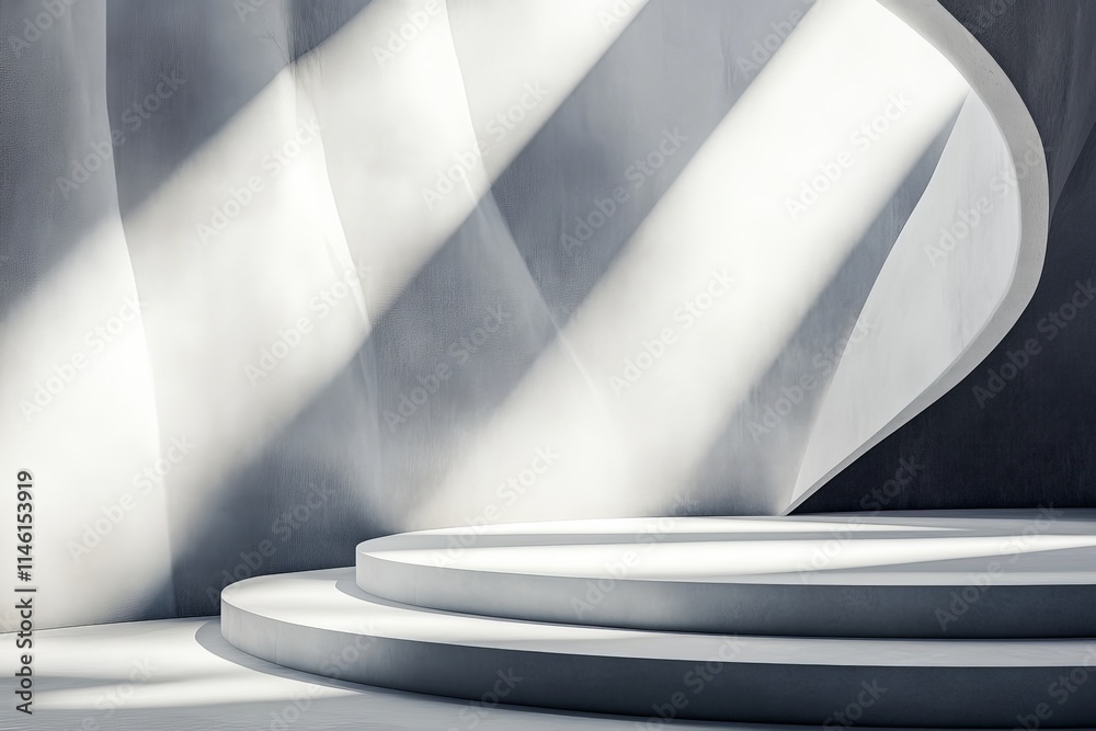 Poster Abstract light and shadow play on modern curved white steps, enhancing the minimalist aesthetic, merging art and architecture for a clean, serene atmosphere.