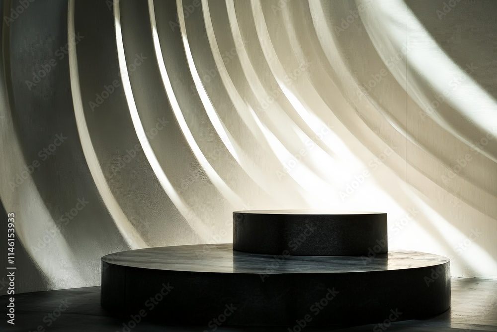 Fototapete abstract patterns of light play across circular platforms, casting intricate shadows, blending art w
