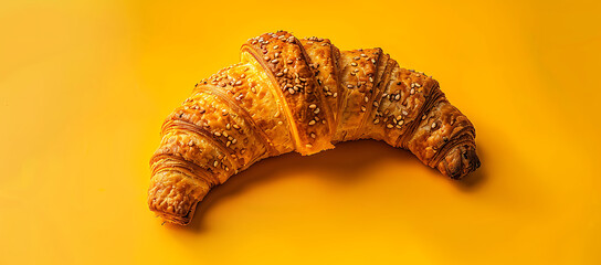 A croissant with sesame seeds on a yellow background, giving a fresh and colorful feel to the traditional pastry.