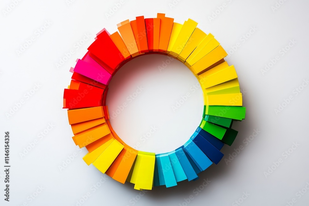 Poster A vivid circular arrangement of colorful building blocks, artistically displayed to form a cohesive wheel of bright hues against a clean, simple background.