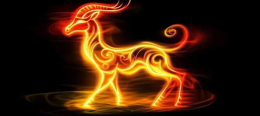Fototapeta premium Fiery Silhouette of Capricorn, the Zodiac Goat, Rendered in Neon Light Against a Black Backdrop