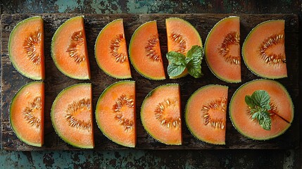 Fresh cantaloupe slices with orange flesh arranged symmetrically on a rustic wooden surface