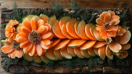 Fresh cantaloupe slices with orange flesh arranged symmetrically on a rustic wooden surface