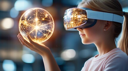 Naklejka premium Children classroom futuristic learning concept. A young girl wearing virtual reality goggles holds a glowing orb, immersed in a futuristic digital experience.