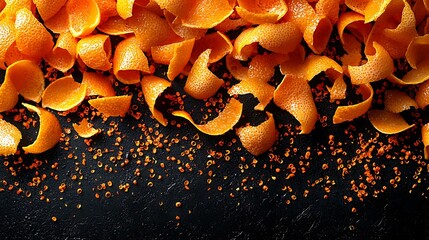 Fresh orange zest curls scattered over a black background