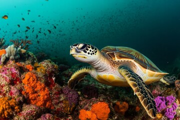 Obraz premium A tranquil sea turtle gracefully swims through a vibrant coral landscape, creating an enchanting underwater scene filled with vivid colors and diverse marine life.