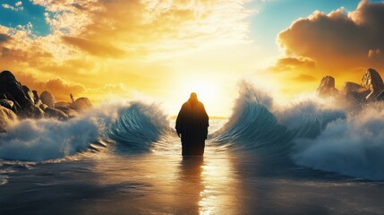 A figure in a robe walking through a parted ocean at sunrise, with golden light illuminating the waves