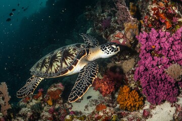 Obraz premium A magnificent sea turtle gracefully navigates through the vivid coral reef, highlighting the vivid colors and the natural beauty of the underwater sanctuary.