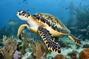 Fototapeta premium A sea turtle swims gracefully amidst the vibrant coral reef, showcasing the stunning colors and the tranquility of its underwater habitat while exploring marine life.