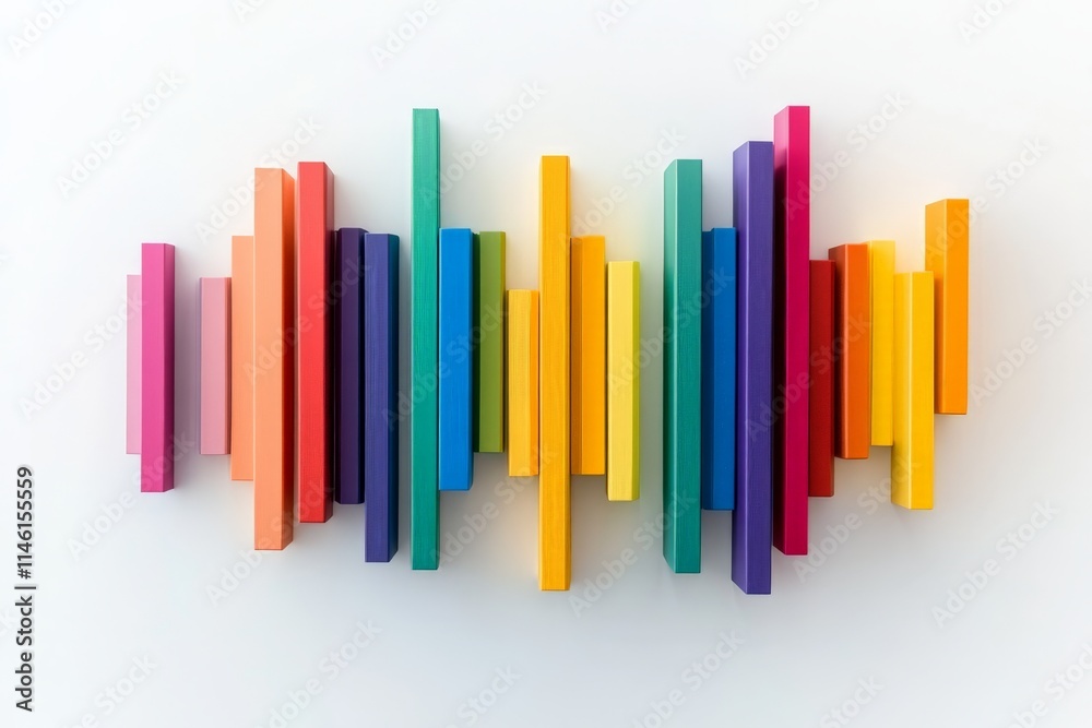 Poster a dynamic 3d composition of rainbow-colored bars in varying heights, representing diversity and ener
